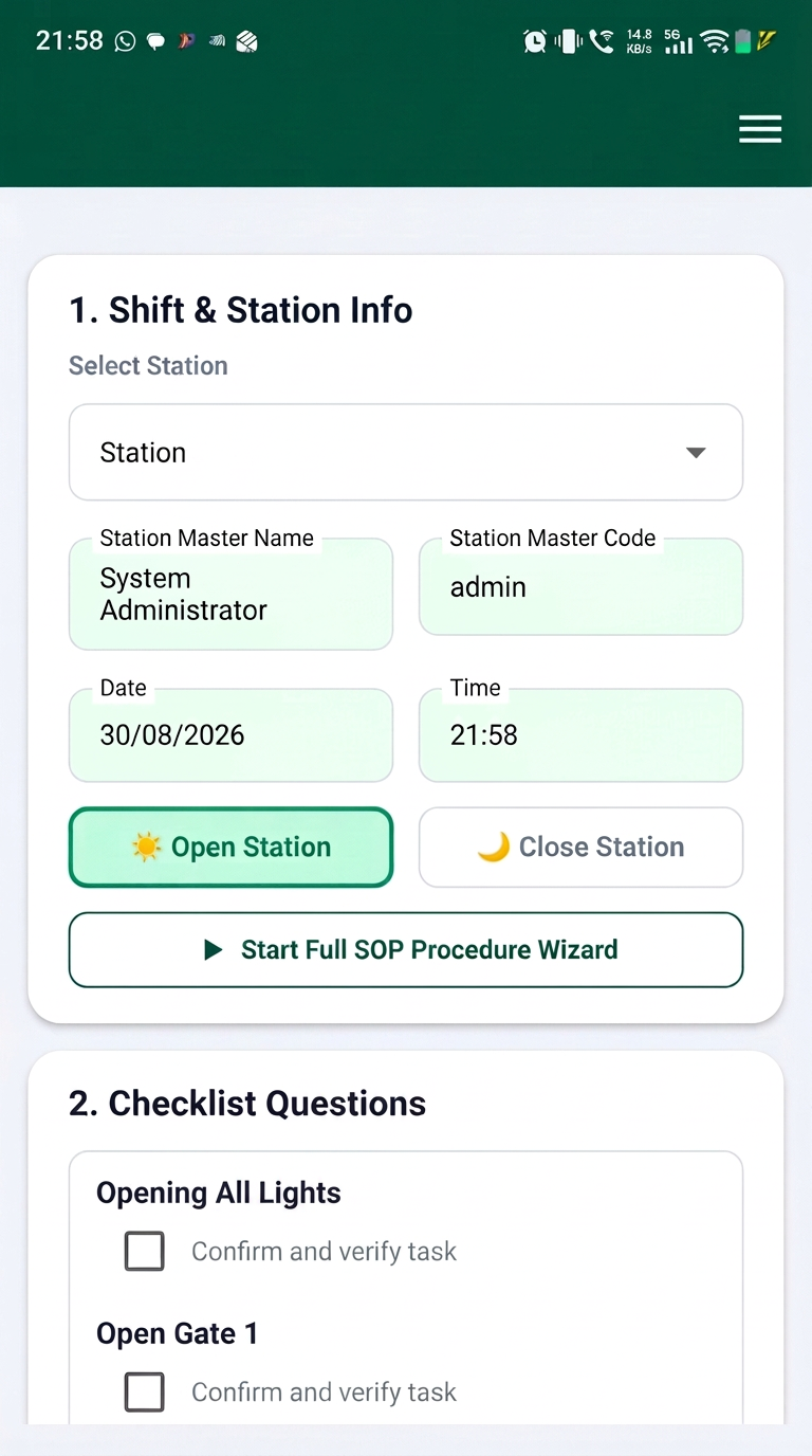 Station opening / closing checklist with shift and station master details